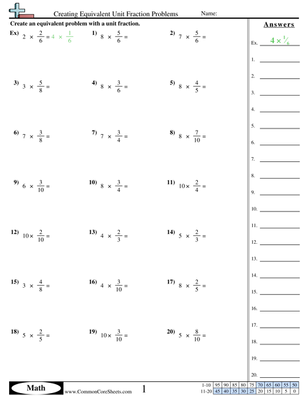 Fraction Worksheets - Creating Equivalent Unit Fraction Problems worksheet